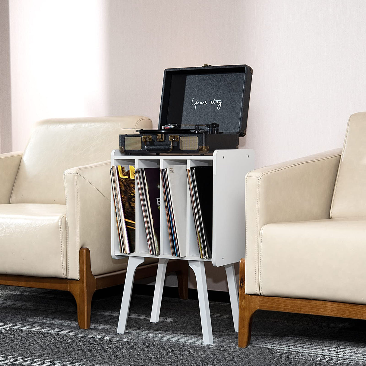 LELELINKY Small Record Player Stand - Width 11.7 In, White Vinyl Record Storage Table with 4 Cabinet Up to 80 Albums, Vinyl Holder with Wood Legs,Turntable Stand Display Shelf for Bedroom Living Room LELELINKY