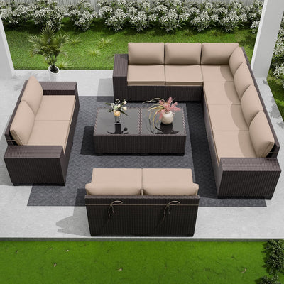RTDTD Outdoor Patio Furniture Set, 12 Pieces Outdoor Furniture All Weather Patio Sectional Sofa PE Wicker Modular Conversation Sets with Coffee Table,10 Chairs & Seat ClipsBrown.