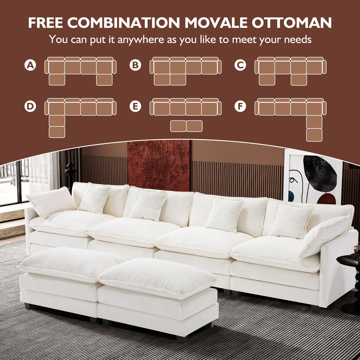 Ihanherry 146" U-Shaped Modern Sofa Modular Sectional Cloud Couch with 2 Ottoman, 6-Seat Chenille Deep Seat Sofa with 6 Pillows for Living Room, Bedroom and Apartment, Beige Ihanherry