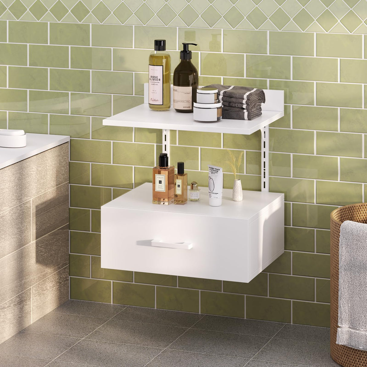 Asgolion Floating Nightstand with Drawer, Modern Wall Mounted Nightstand, Floating Bedside End Table with Adjustable Shelf, Floating Night Stand, for Bedroom, Small Spaces, Bathroom, White Asgolion