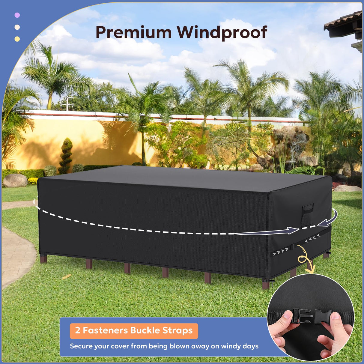 Patio Furniture Covers, Gorpche Outdoor Furniture Covers Waterproof, Tear-Resistant Patio Table and Chair Set Cover with Upgraded Fastener Windproof Buckle Straps, Heavy Duty, 108"L× 82"W× 28"H, Black Gorpche