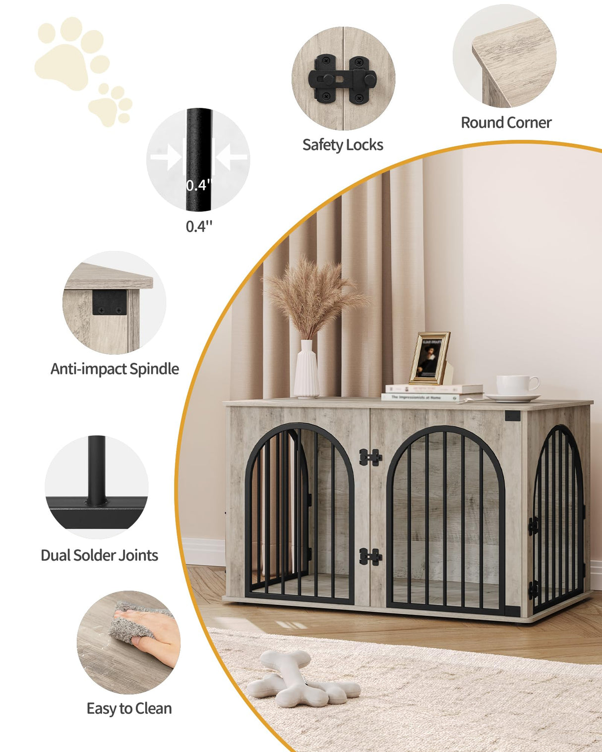 Hzuaneri 39.4'' Dog Crate Furniture, Dog Kennel Indoor Arched Door Design, Wooden Dog Crate Furniture for Small/Medium/Large Dog, Side Table, TV Stand, Anti-Chew, Anti-Escape, Greige Black Hzuaneri