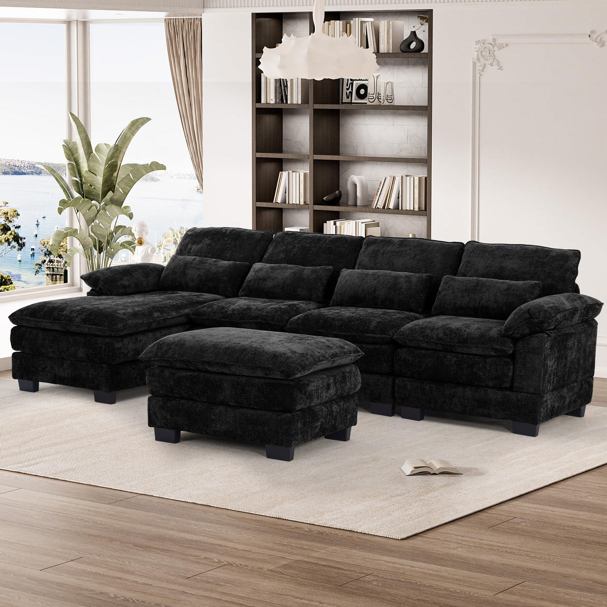 OUYESSIR 114" U Shape Sectional Cloud Couch with Ottoman,Fluffy Sectional Couches for Living Room,4 Seater Modular Sectionals Sofa,Comfy Cloud Sofas & Couches with 4 Pillows,Light Black OUYESSIR