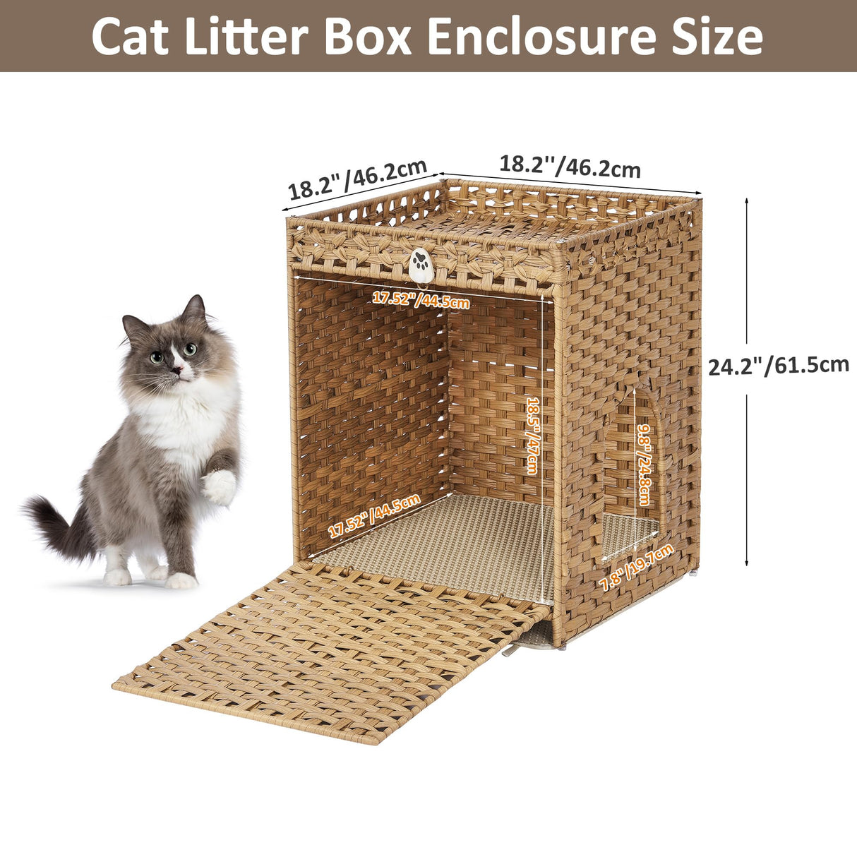 Cat Litter Box Enclosure with Soft Litter Mat; Hidden Cat Washroom Furniture with Door; Handwoven Rattan Cat House; Pet Crate for Living Room, Bedroom, Balcony (Natural) Honiakaka