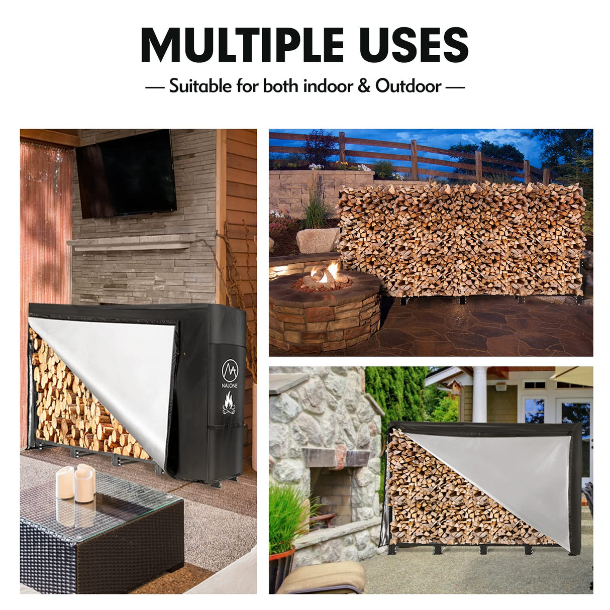 nalone 8FT Outdoor Firewood Rack with Cover&Carry Bag Heavy Duty Square Strong Stand Rack with Waterproof Cover for Fireplace Fire Pits Wood Pile Storage Holder Lumber Rack nalone
