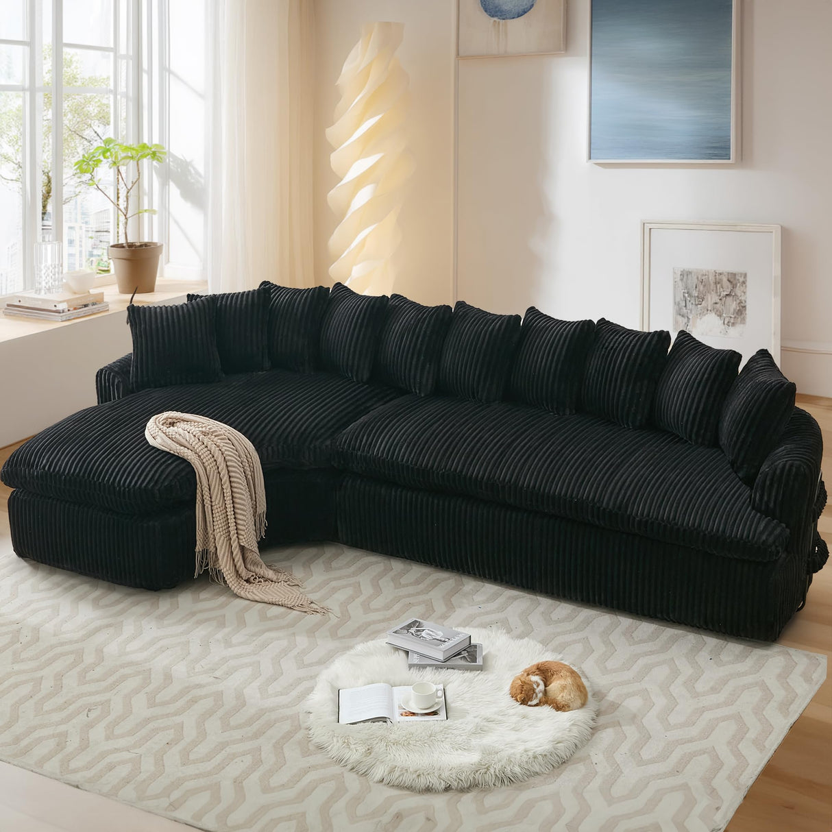 UQGVML 129'' Cloud Corduroy Couch for Living Room, Modern Curved Cloud Sofa, Upholstered Corner Couches for Living Room, L Shaped Sectional Couch (Black) UQGVML