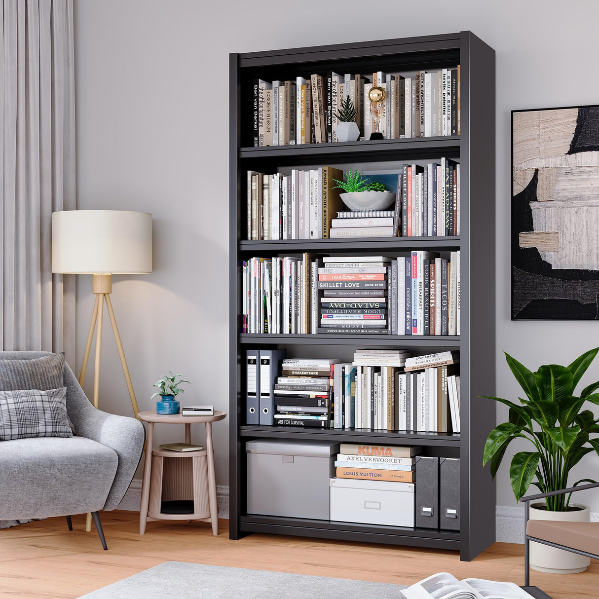 LyAosdFu Bookshelf, 5 Shelf Bookcases, Tall Bookcase for Heavy Books, CDs, Movies, Garage Kit, Modern Display Shelf for Library Home Office Bderoom Living Room, Metal Bookshelves Industrial Black LyAosdFu