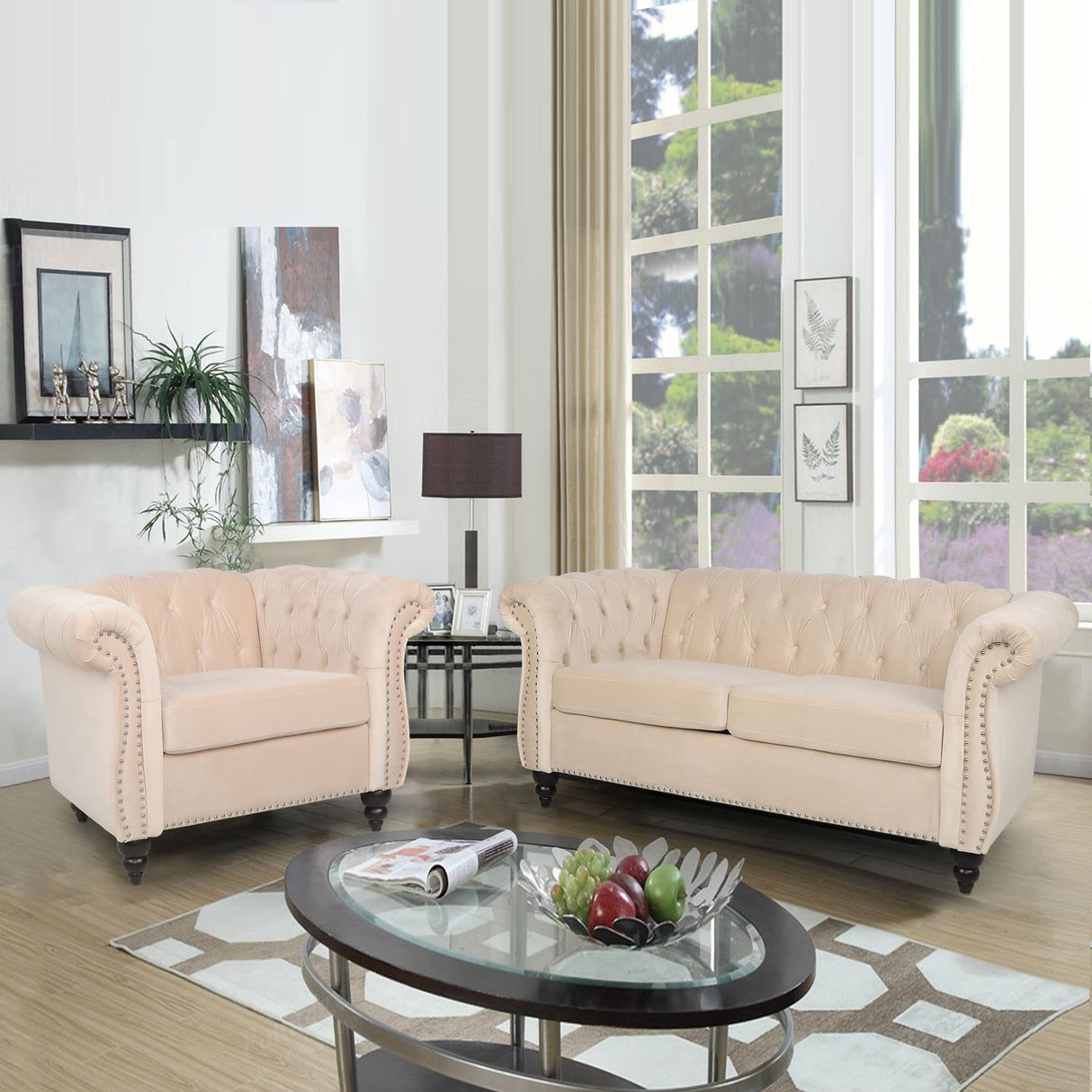 RARZOE Traditional Chesterfield Loveseat Sofa, Modern Vintage Chesterfield Button Tufted Velvet Couch with Nailhead Trim Scrolled Arms for Living Room Bedroom Office(Beige) RARZOE