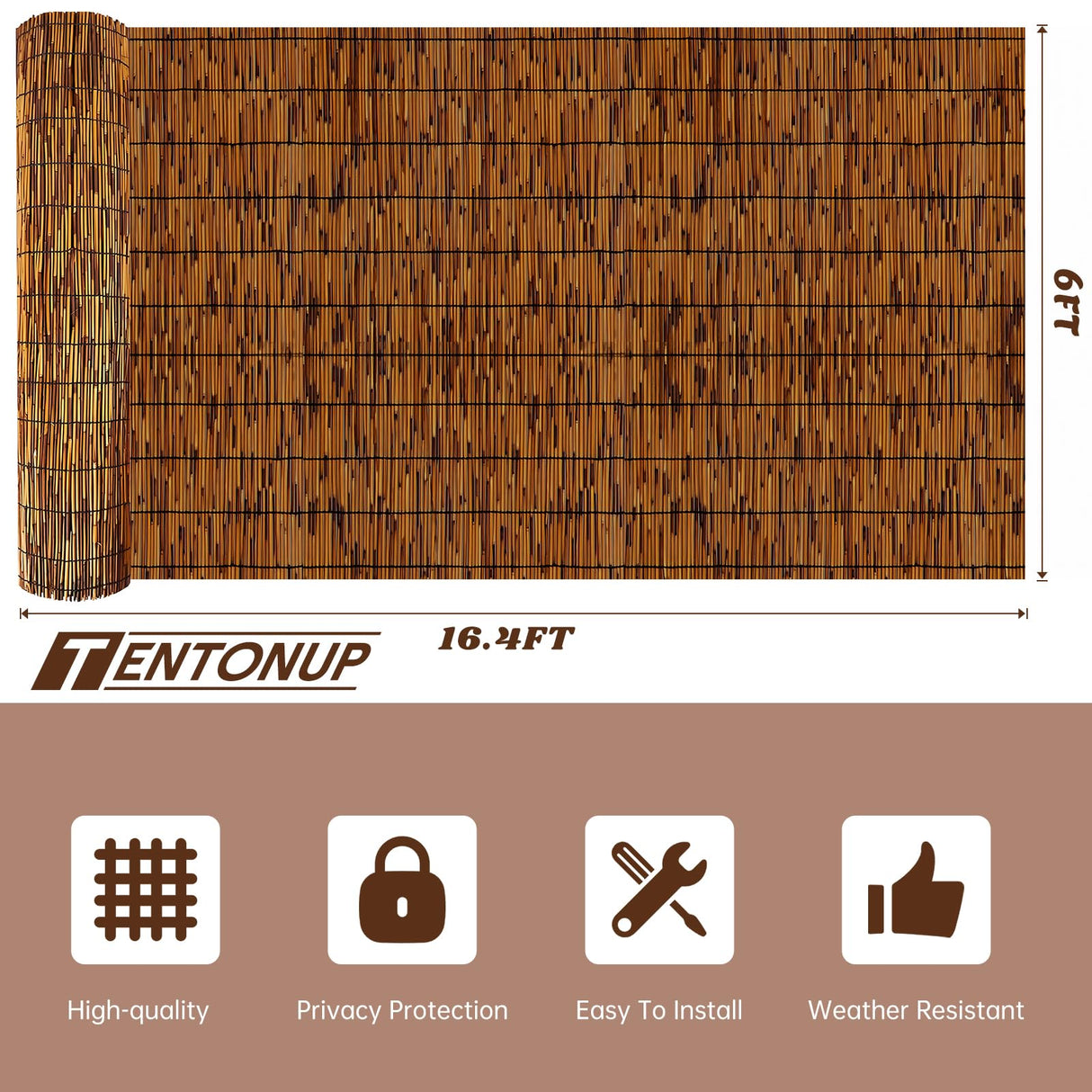 TENTONUP Bamboo Fence 6 Feet High Outdoorh,Bamboo Reed Fence Rolls,Bamboo Privacy Fence Screen,Bamboo Reed Fencing for for Outdoor Backyard,Garden,Balcony,Patio,6FT x 16.4FT,Brown TENTONUP