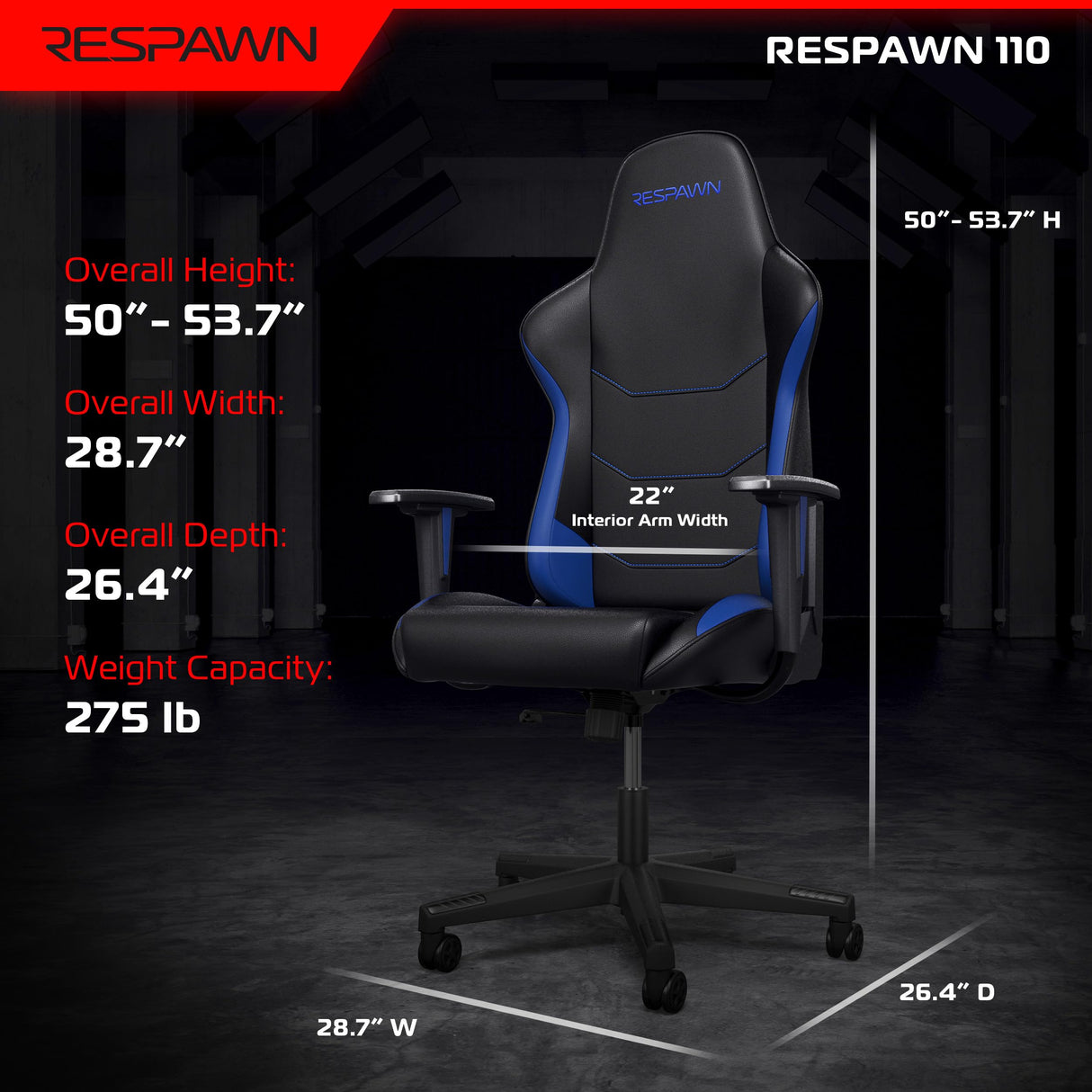 RESPAWN 110 Gaming Chair - Gamer Chair PC Computer Chair, Ergonomic Gaming Chairs, Office Chair with Integrated Headrest, Gaming Chair for Adults 135 Degree Recline with Angle Lock - Blue RESPAWN