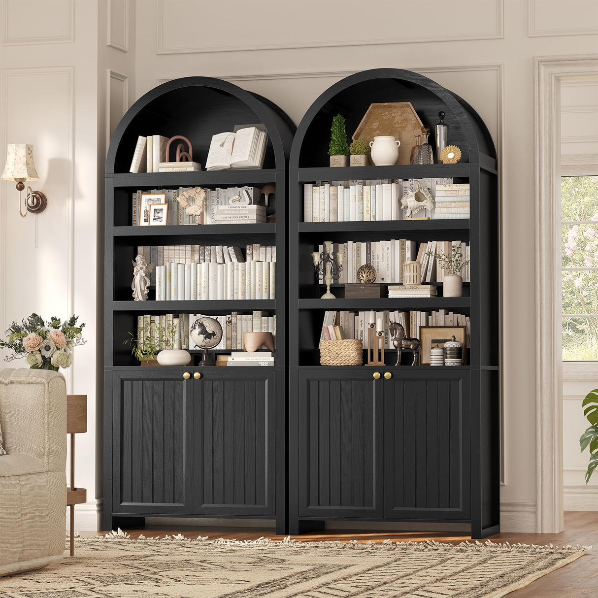 81" Tall Arched Cabinets,Bookcase with storage,Mid-Century Modern 6-Tier Bookshelf with Door,2 Book Risers and Adjustable Shelves offering more storage space for Living Room,Kitchen,Home Office,Black UPOSOJA