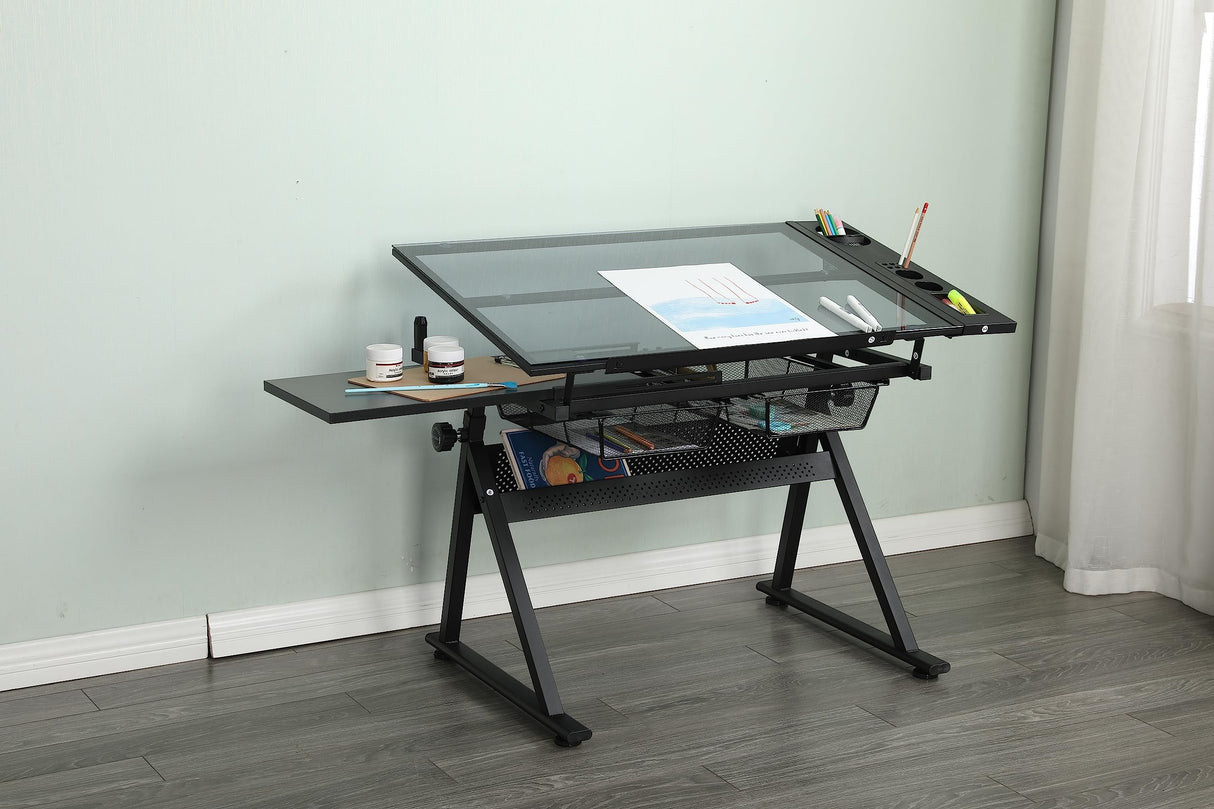 Olela Drafting Desk, Height Adjustable Drafting Table Versatile Art Craft Artists Paintings Storage Work Station with Tilting Temped Glasses Tabletop and Stool (Drawing Table - 1) Olela