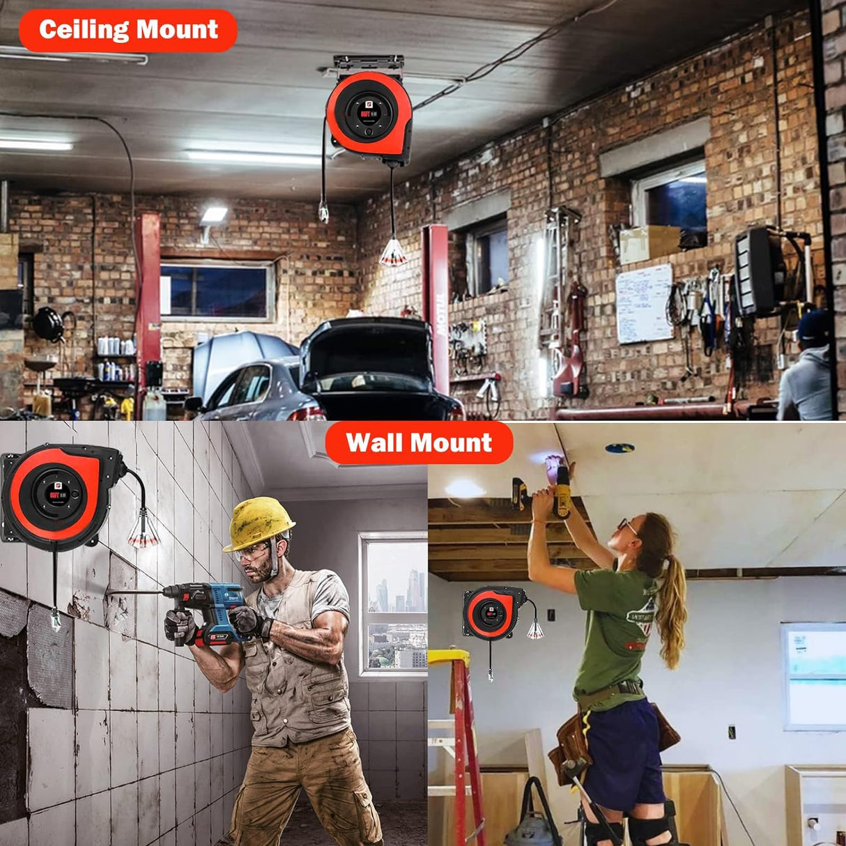 EP Retractable Extension Cord Reel,65 Feet 12 AWG/3C SJTOW Heavy Duty Power Cord,15 AMP Circuit Breaker, 3-Lighted Triple Outlets,Ceiling or Wall Mount Use Indoor/Outdoor, Red EP