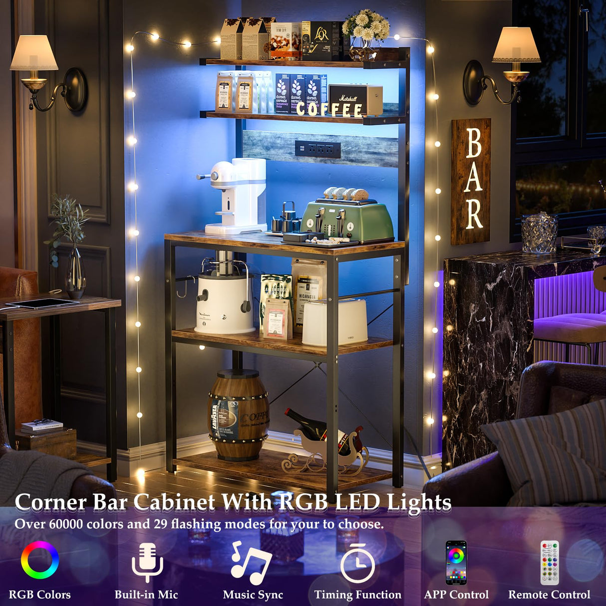 Aheaplus Rustic Brown Bakers Rack with Power Outlet & LED Lights, 5-Tier Kitchen Storage Shelf Aheaplus