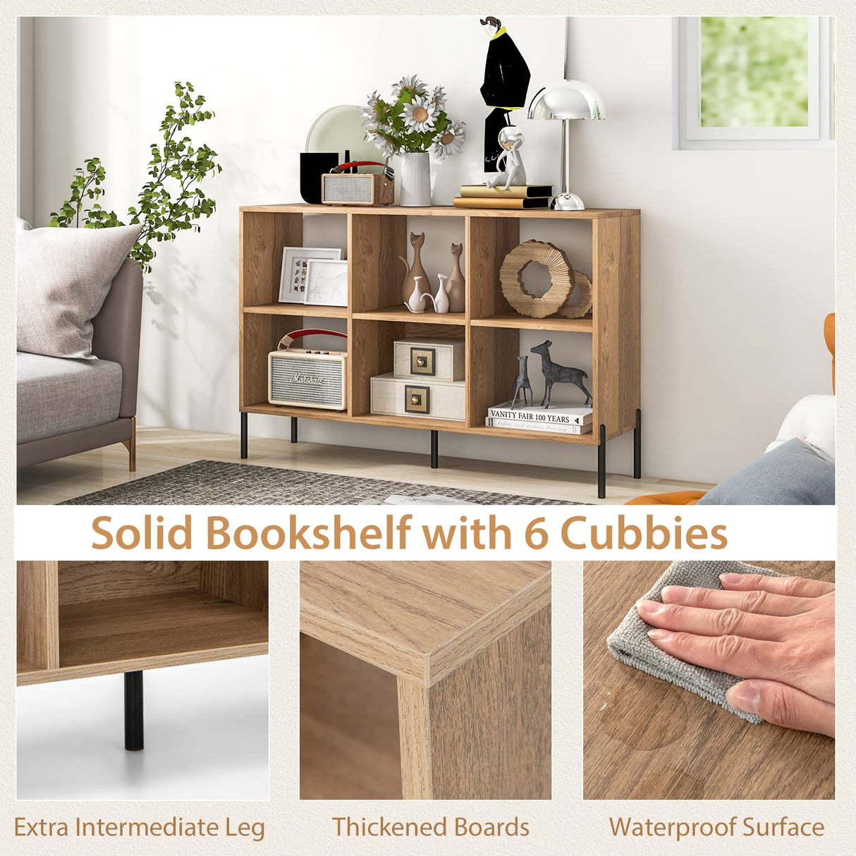 Tangkula 6-Cube Adjustable Bookcase with Metal Legs and Anti-Tip Safety Features in Natural Finish Tangkula
