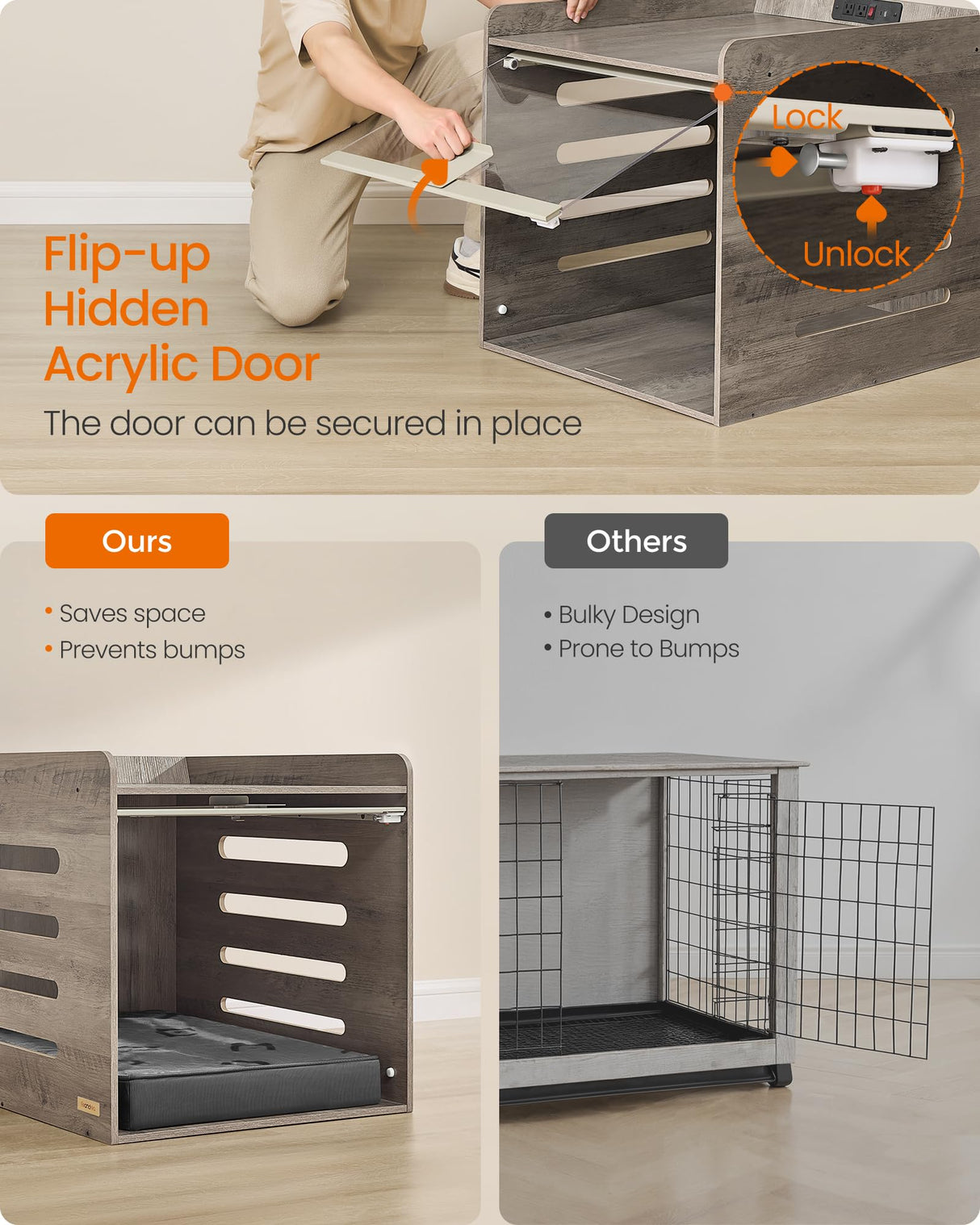 Feandrea Modern Dog Crate Furniture with Charging Station, Kennel Indoor with Flip-up Hidden Acrylic Door, for Small and Medium Dogs up to 45 lb, Side End Table, Heather Greige UPOC021G01 Feandrea