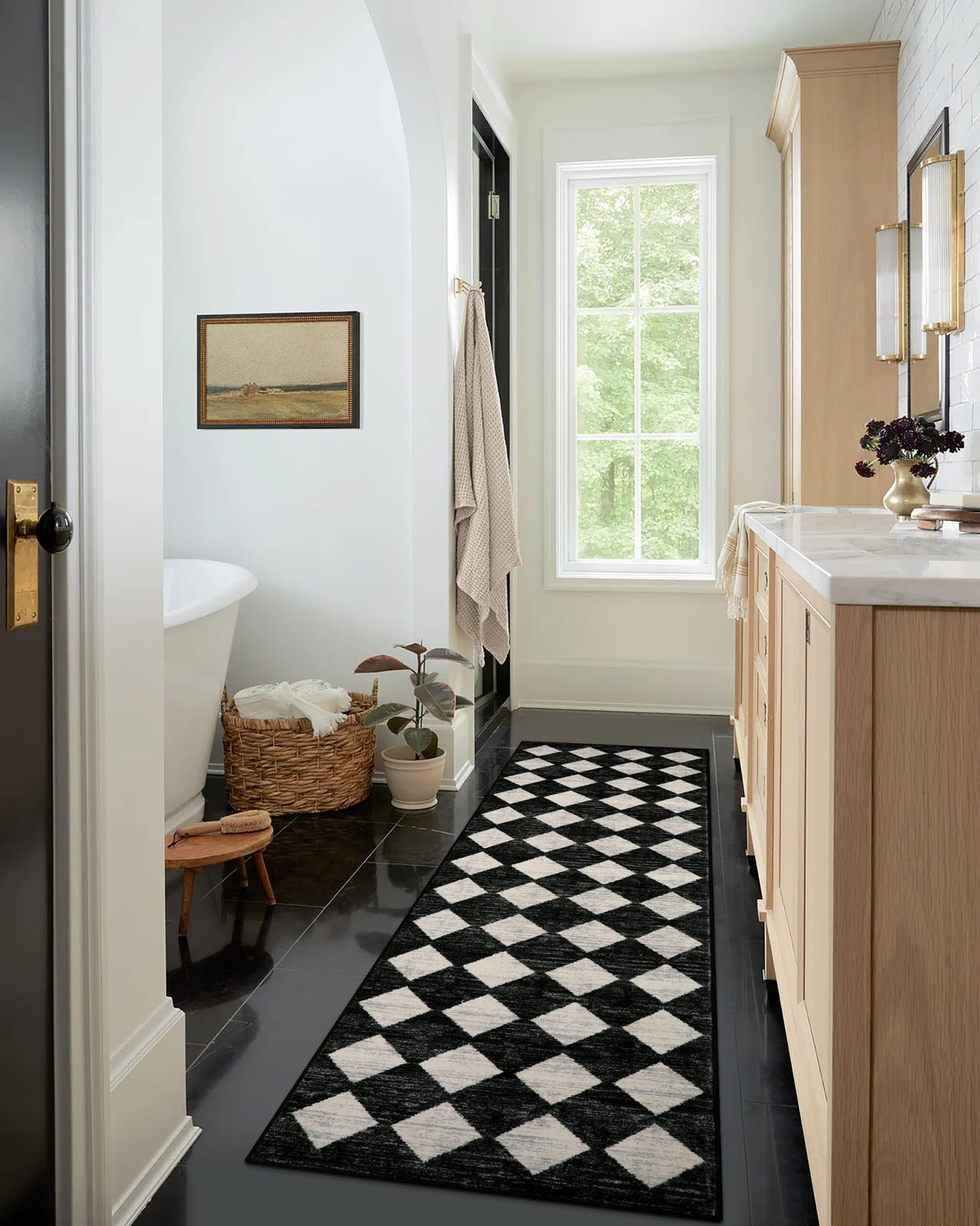 Lahome Moroccan Trellis Runner Rug - 2x8 Black Hallway Runner Rug with Rubber Backing, Checkered Kitchen Non Skid Carpet Runner Washable Indoor Mat for Camper Entryway Bathroom Hardwood Floor Lahome