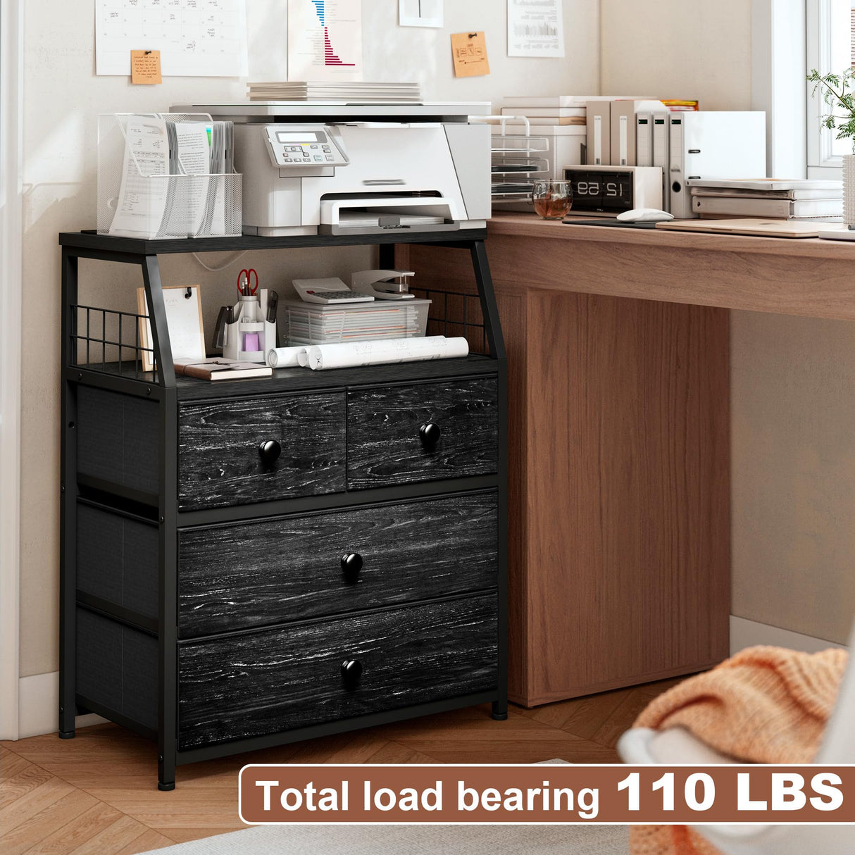 EnHomee Nightstand Set of 2, Night Stand with Charging Station & LED Lights, Bedside Table with 4 Fabric Drawers for Bedroom, Side Table with Outlets and 2 USB Ports, Black EnHomee