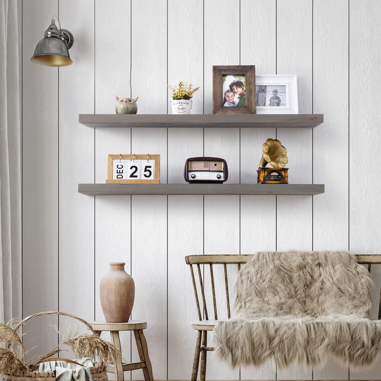 Axeman 2 Pack Rustic Floating Shelves, Distressed Grey Wood Floating Shelves for Wall 24 Inches Long, 8 Inch Deep Farmhouse Shelves for Living Room Bedroom Laundry Room Garage Farmhouse - Grey Wash Axeman