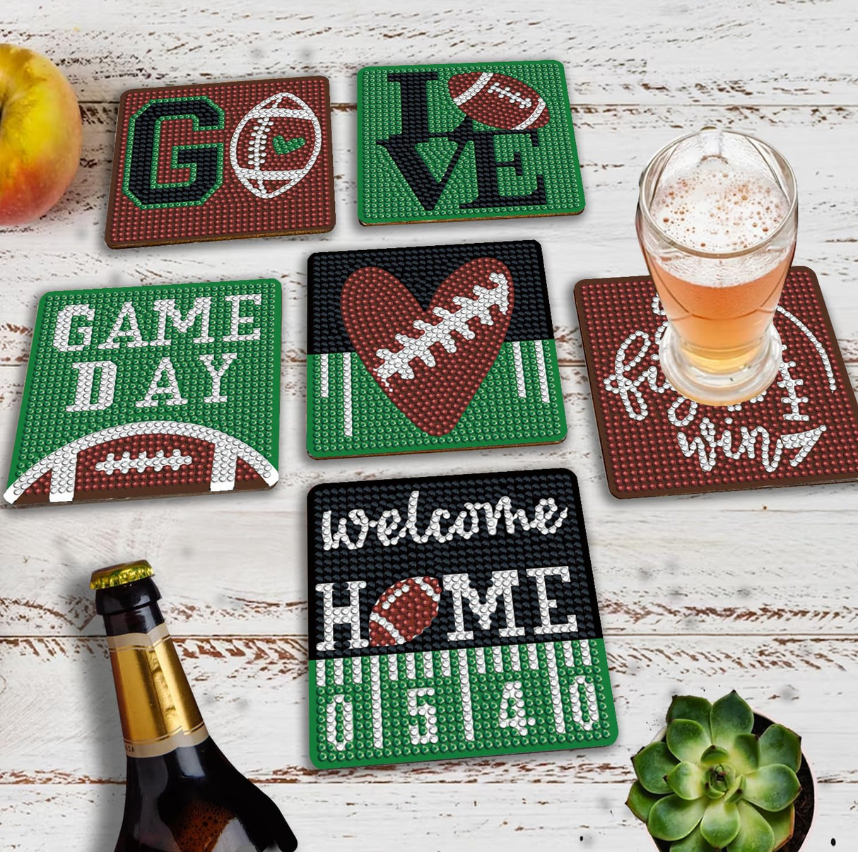 Nilyzit 6pcs DIY Football Diamond Painting Coasters Kits for Adults Small Western Diamond Art Kits for Beginners Football Coasters Paint-by-Number Kits Crystal Art Nilyzit