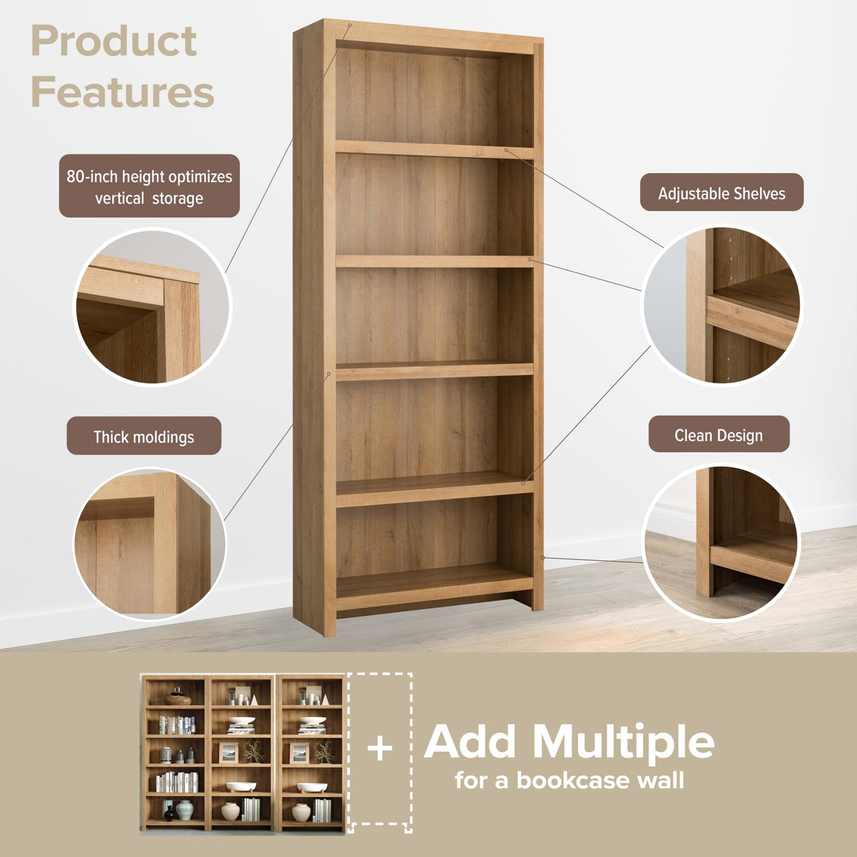 Prepac Moda 5-Tier Tall Wooden Bookcase, Oak Storage Cabinet, Display Cabinet, Bookshelf with Storage Shelves 31.75" W x 80" H x 12" D for Home Office, Living Room, Bedroom Organizer Prepac