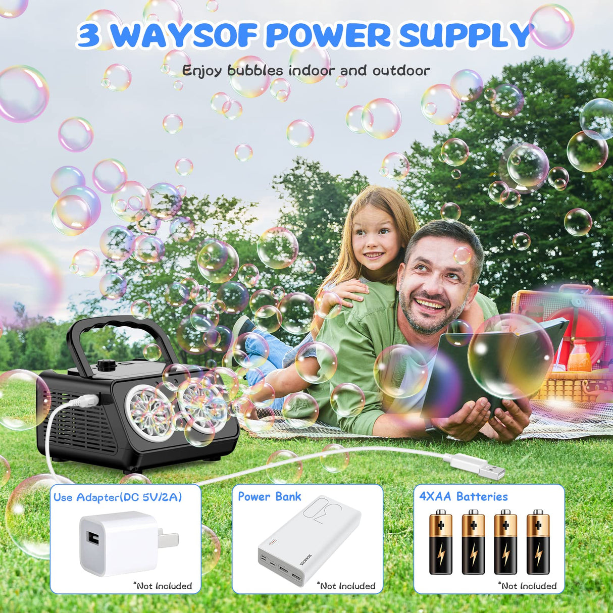 SHCKE Automatic Bubble Machine Upgrade Bubble Blower with 2 Fans, 20000+ Bubbles Per Minute Bubbles for Kids Portable Bubble Maker Operated by Plugin or Batteries for Indoor Outdoor Birthday Party SHCKE
