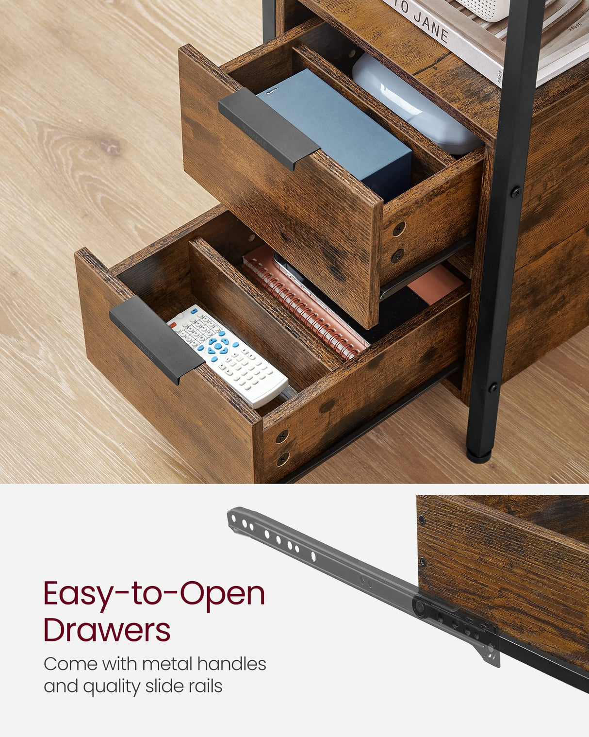 VASAGLE Side Table with Charging Station, Narrow End Table with 2 Drawers, Slim Nightstand and Bedside Table with Storage, for Small Spaces, Rustic Brown + Black VASAGLE