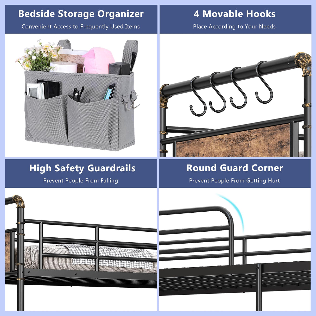 Jocoevol Metal Bunk Bed Twin Over Twin, Industrial Bunkbeds Heavy Duty Bed with Safety Guard Rails and Space-Saving Design, Steel Bed for School, Bedroom (Vintage Brown) Jocoevol