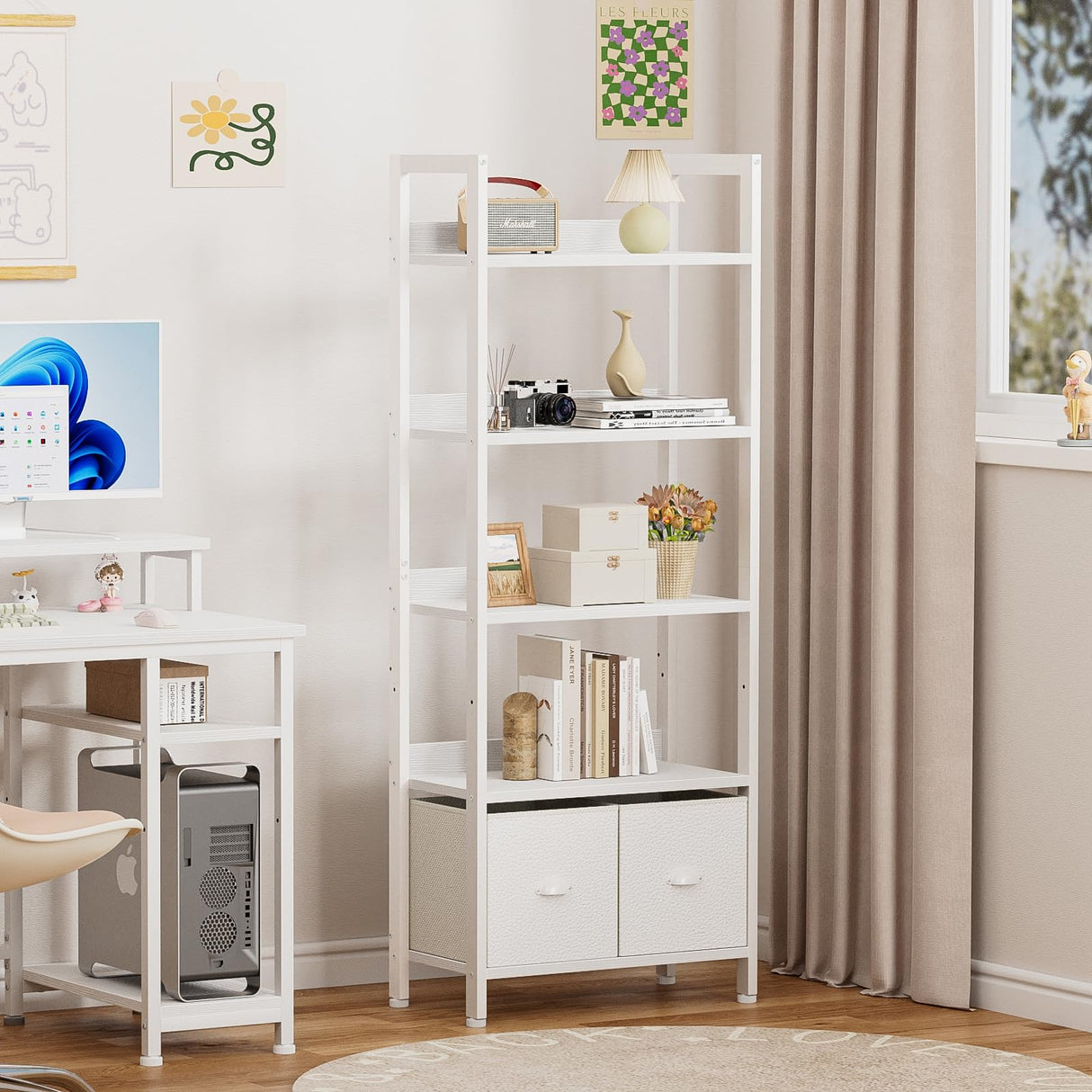 Furologee 5 Tier Bookshelf with Drawers, White Tall Bookcase with Shelves, Wood and Metal Book Shelf Storage Organizer, Modern Display Free Standing Shelf Unit for Bedroom, Living Room, Office Furologee