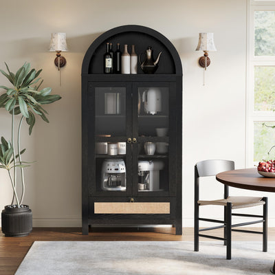 CHYMSUN 71” Tall Arched Kitchen Pantry Cabinet, Modern Farmhouse Hutch Storage Cabinets with Large Drawer and Glass Doors for Kitchen, Dining Room, Living Room, Black