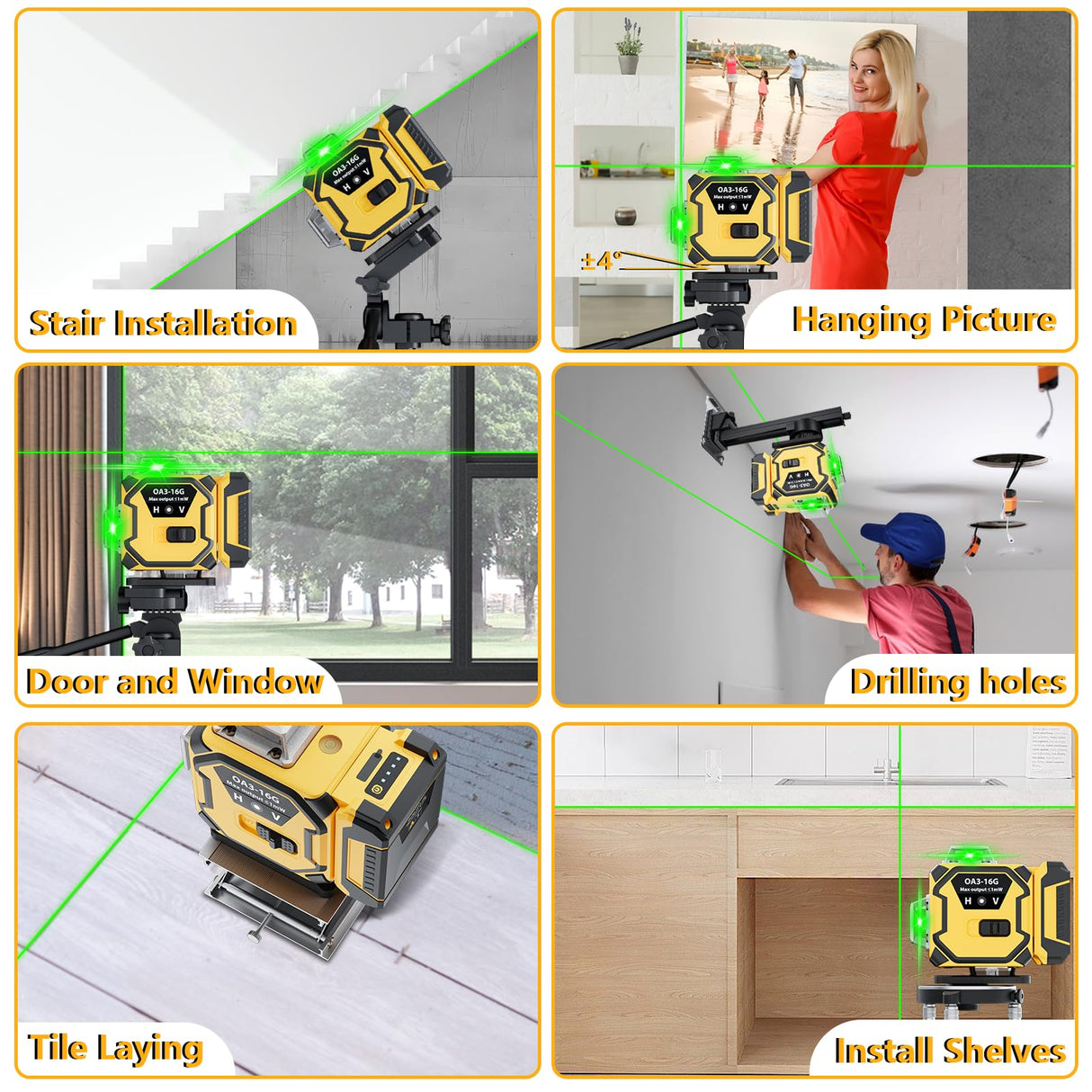 16 Line Laser Level 360 Self Leveling,Professional 4 x 360 Laser Level with Pulse Mode,4D Green Alignment Laser for Construction and Picture Hanging,with 2 Batteries,Magnetic Bracket,Hard Carry Case ENRIPRT