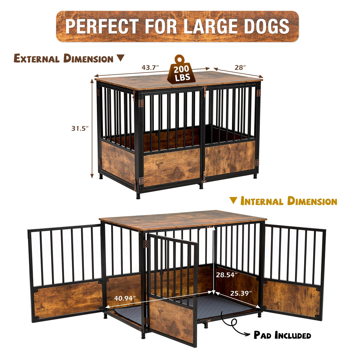 KOOPRO 43.7" Inch Dog Crate Furniture with Cushion for Large Dogs, Wooden Heavy Duty Dog Kennel with Double Doors Indoor, Decorative Pet House Dog Cage Side End Table, Rustic Brown KOOPRO