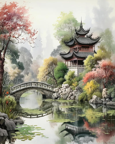 VNUIEHG Paint Your Passion Premium Paint-by-Numbers Kit for Artists, Chinese Traditional Landscape Garden, 40x50cm, Without Frame