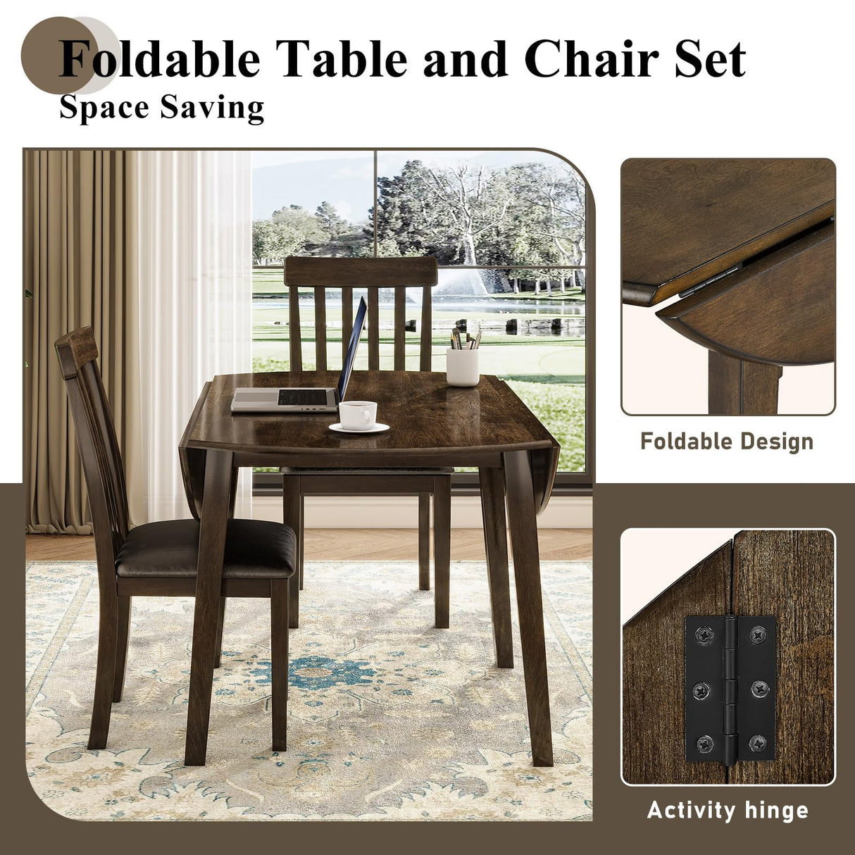 LUXOAK 7 Piece Round Dining Table, 48 inch Round Extendable Kitchen Table for 6 People, Solid Wood Modern Farmhouse Round Table Set Space Saving Small Space for Dining Room, Kitchen Living Room LUXOAK