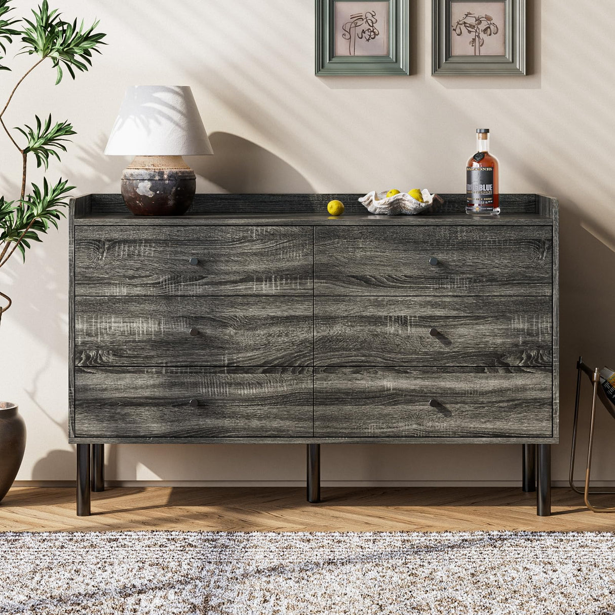 LYNSOM Dresser for Bedroom, 6 Drawer Grey Dresser with Wide Drawer and Metal Handles, Modern Dressers & Chests of Drawers for Hallway Entryway LYNSOM