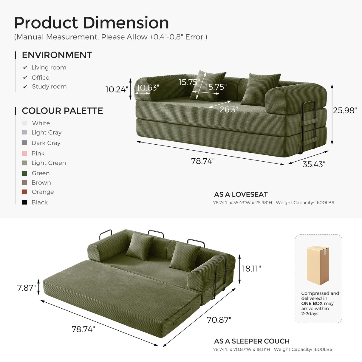 79" Convertible Sofa Bed with Fixed-Shape Frame & Removable Armrests, Modular Corduroy Sleeper Sofa, Folding Mattress Couch for Small Spaces - No Assembly Needed in Light Green (Includes 2 Pillows) SAVENICA