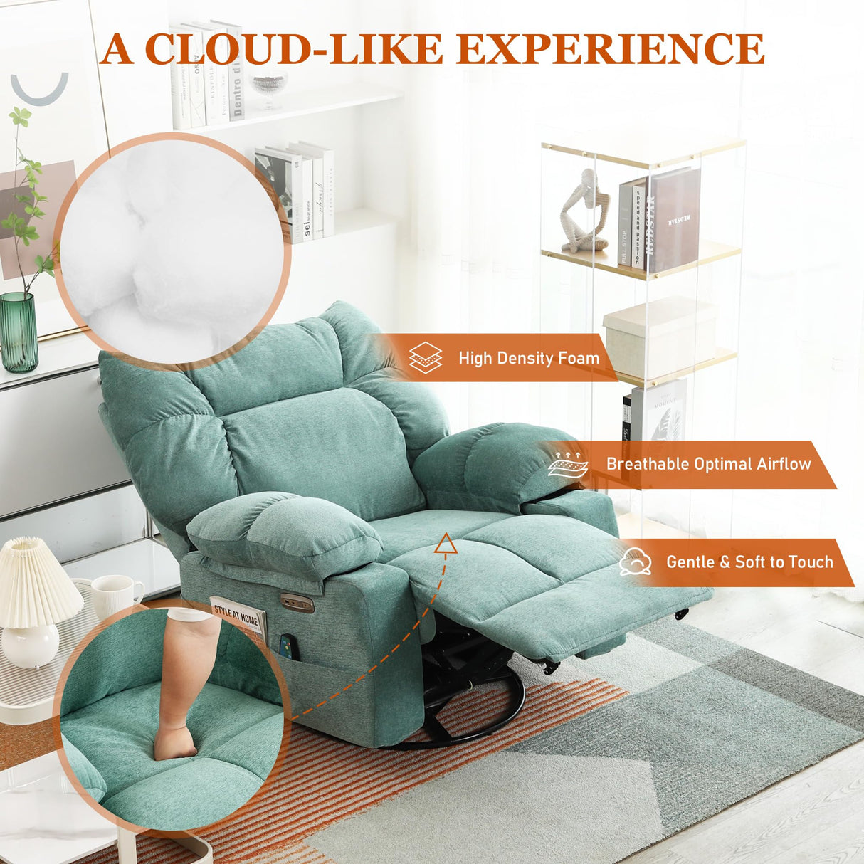 DYHOME Rocking Recliner Chair, Green Swivel Massage Rocker Recliner Chair with Heated, Electric Recliner Chairs for Adults, Modern Lazy Boy Single Lounge Sofa for Living Room,Bedroom, Nursery DYHOME