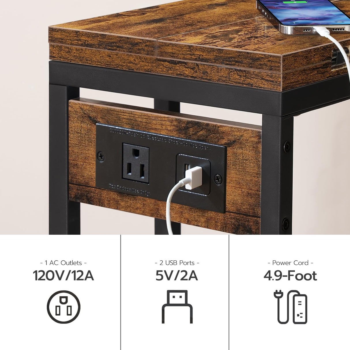 HOOBRO C Shaped Side Table with Charging Station, Foldable End Table with Fabric Bag, Sofa Couch Table Coffee Table Snack Table for Small Space Living Room, Bedroom, Rustic Brown and Black BF30USF01 HOOBRO