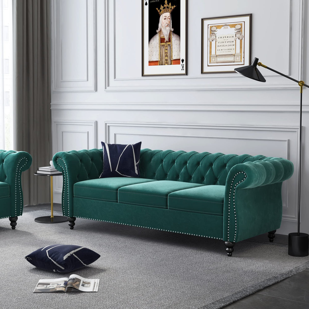 Chesterfield Sofa Velvet, Modern Tufted Couch 3 Seater with Rolled Arms and Nailhead for Living Room, Bedroom, Office, Apartment (Green) ORRD