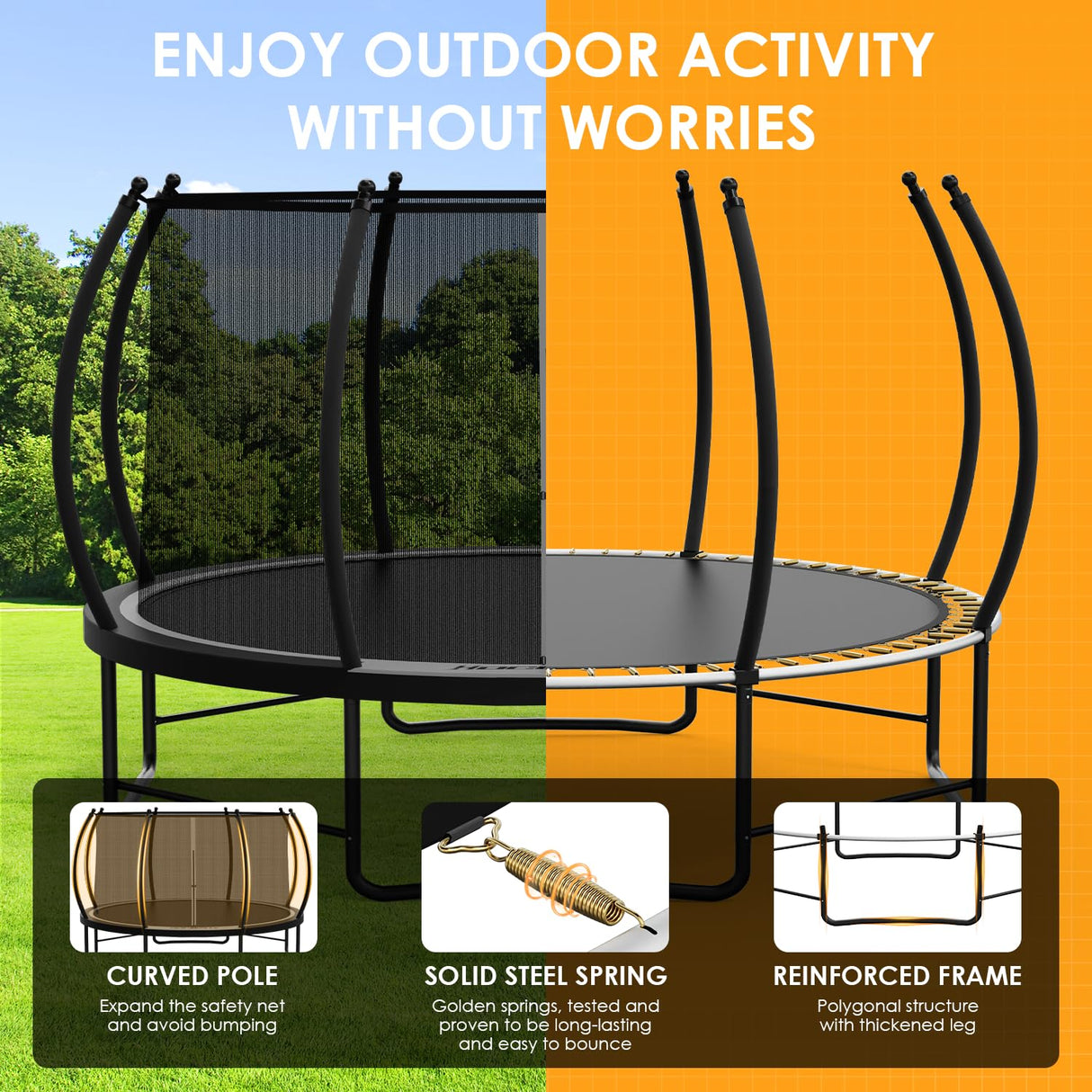 Hocozlly Outdoor Trampoline 14FT for Kids, ASTM Approval Recreational Trampoline with Enclosure, Reinforced Trampolines with Thickened Pole & Non-Slip Wider Ladder (Grey) Hocozlly