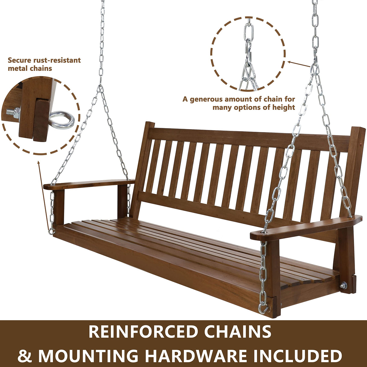 MUPATER Outdoor Patio Hanging Wooden Porch Swing 5FT with Chains, 3-Person Heavy Duty Swing Bench for Garden and Backyard, Wood Brown MUPATER