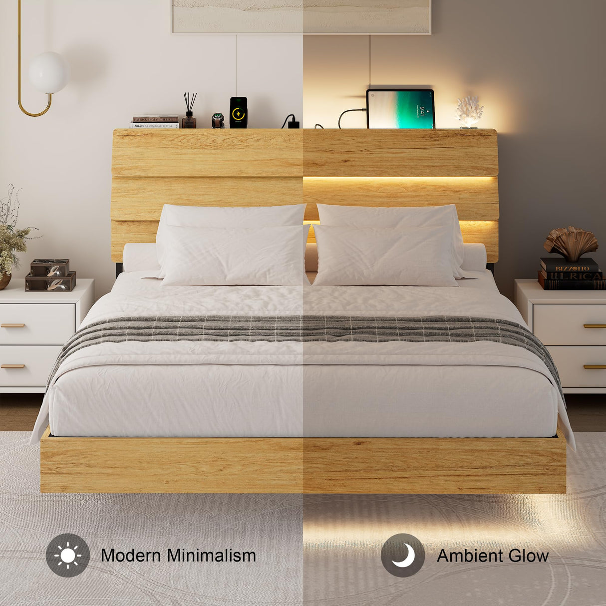 Feonase Floating Bed Frame Queen with Led Lights and Charging Station, Wood Full Size Bed Frame with Storage Headboard, Heavy Duty Metal Slats, No Box Spring Needed, Easy Assembly,Oak Feonase