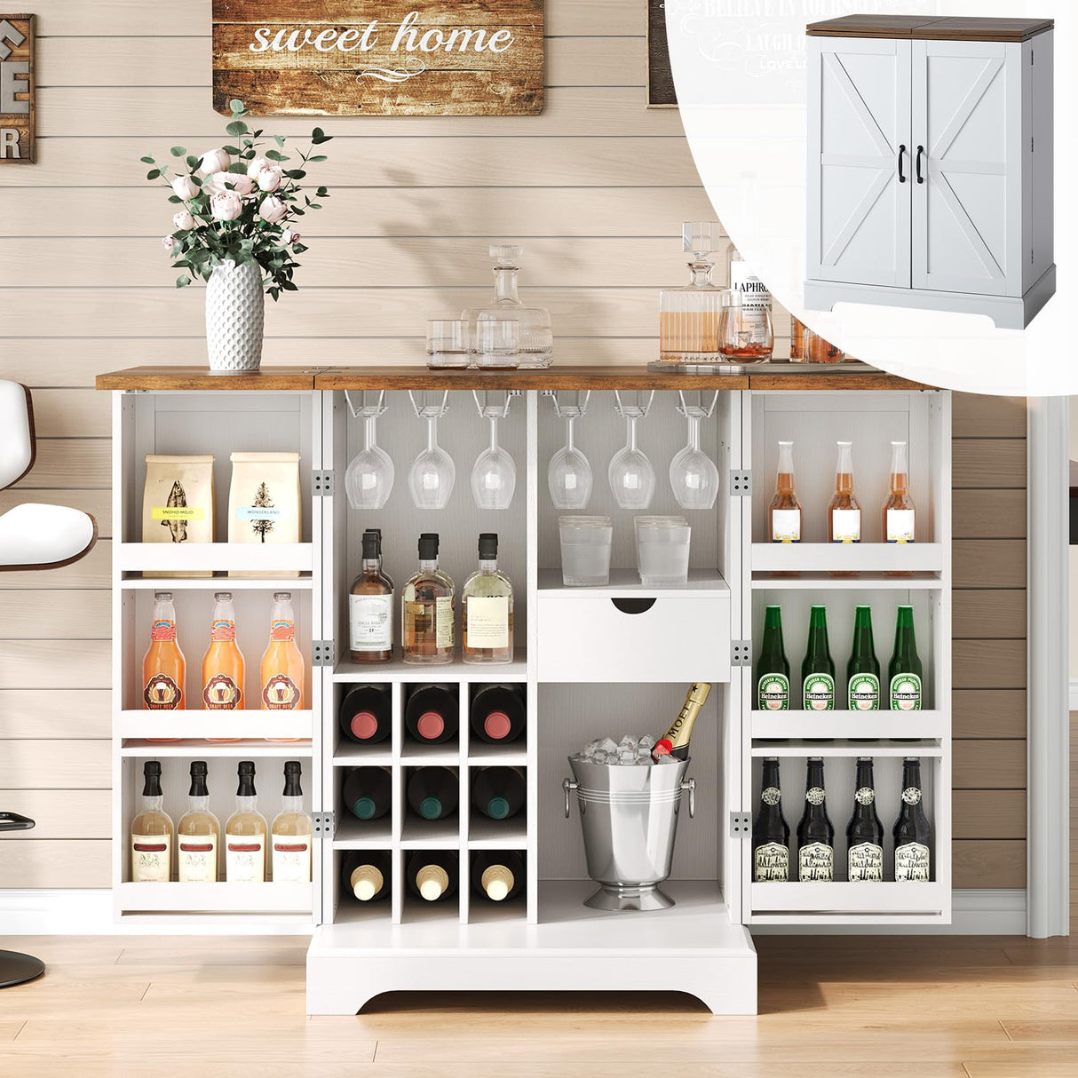 LUXOAK Farmhouse Expandable Wine Bar Cabinet, 61" Home Bar Unit with Foldable Tabletop & Barn Door, Coffee Bar Cabinet with Wine & Glass Holder, Liquor Cabinet/Mini Bar/Buffet Cabinet, White LUXOAK