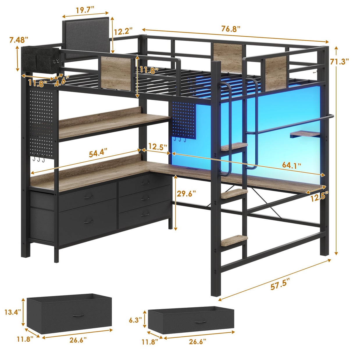 Dnxao Full Loft Bed with Desk and 5 Storage Drawers, Loft Bed Full Size with Desk,1 Bedside Organizer,Removable Ladder,LED Lights and Charging Station,Clothes Rail,Safety Guard,Oak Gray Dnxao
