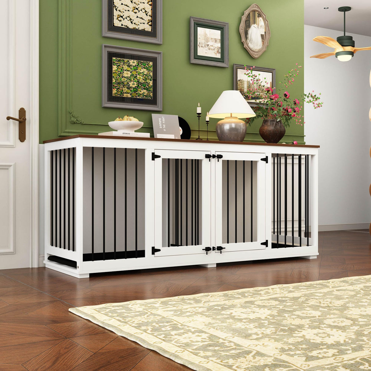 DAWNSPACES Dog Crate Furniture 71" Heavy Duty Wooden Large Dog Kennel with Trays, Removable Divider, Indoor Furniture Style Dog Crate House W/Double Rooms for Large Medium Small Dogs, White DAWNSPACES