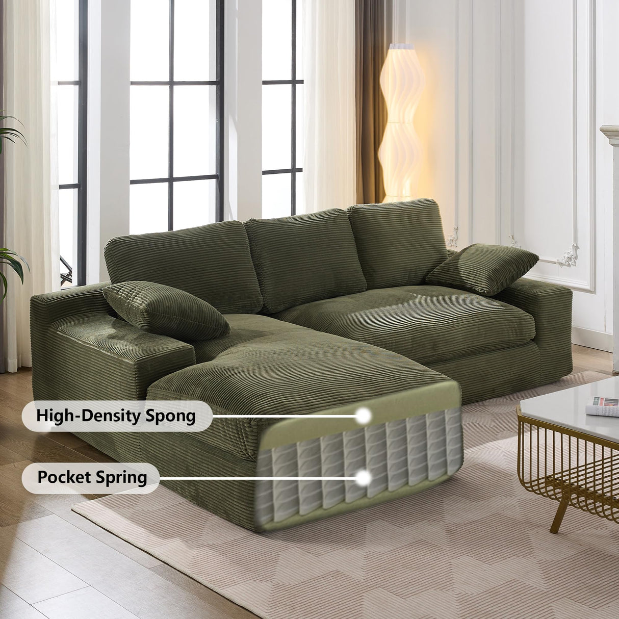 GNIXUU Corduroy Cloud sectional couches for Living Room, 98.4" Fluffy Large L Shaped Sofa with Deep Seat & Comfy Chaise, Upholstered Modular 3 Seat Couch Sleeper for Apartment, Studio, Office, Green GNIXUU