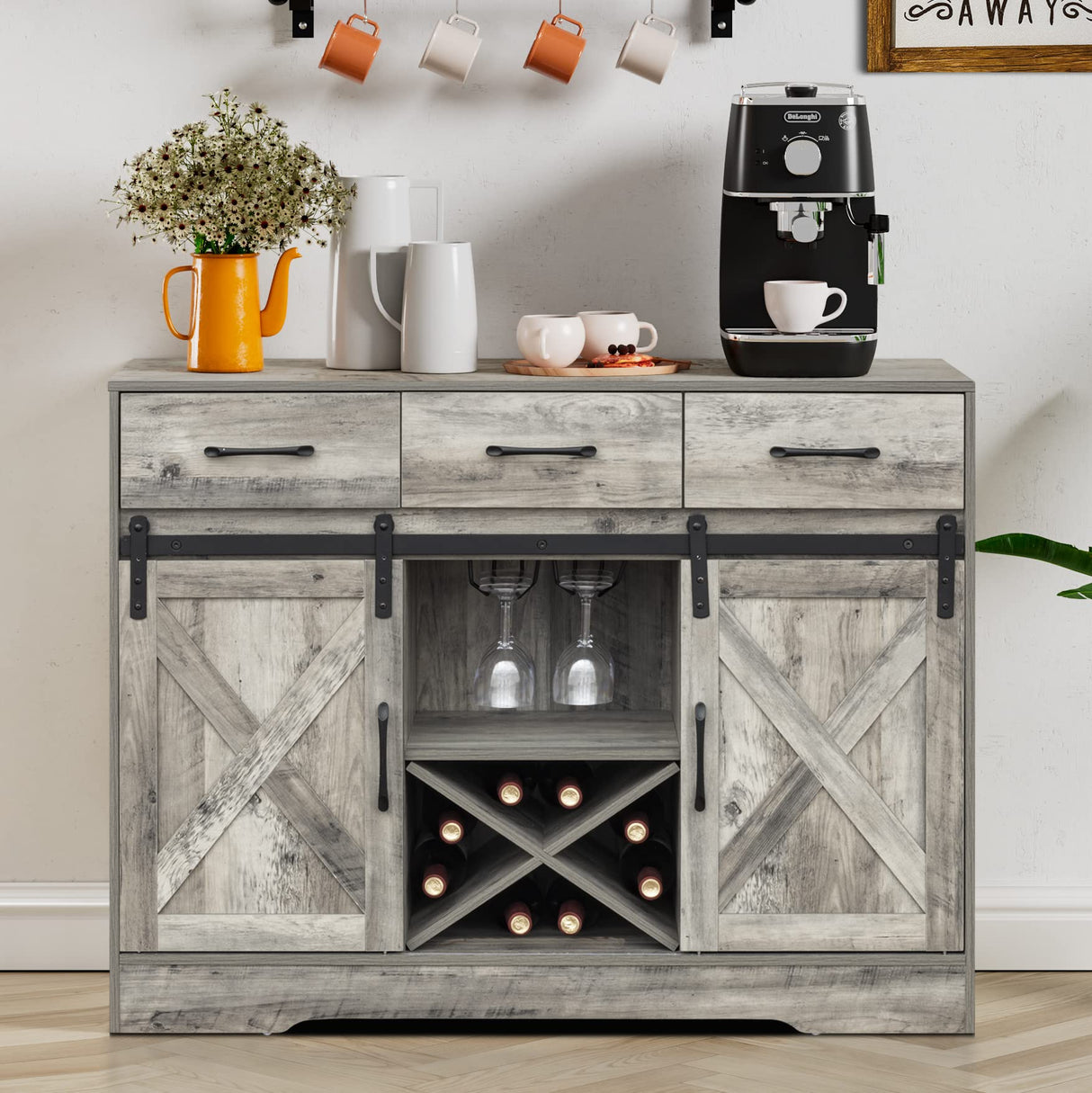 Chic Grey Farmhouse Wine Cabinet and Coffee Bar with Sliding Barn Doors and Ample Storage WoodArtSupply