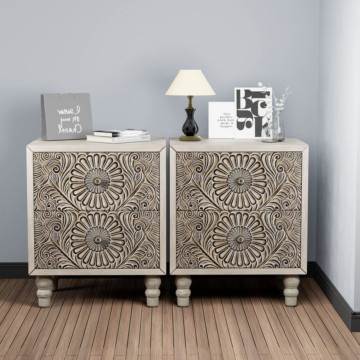 HOMPUS End Table with 2 Drawers Sets of 2, 2 Tier Bedside Table Sets, Wood Grain Nightstand, Small Accent Table with Pattern Drawer, Side Table for HOMPUS