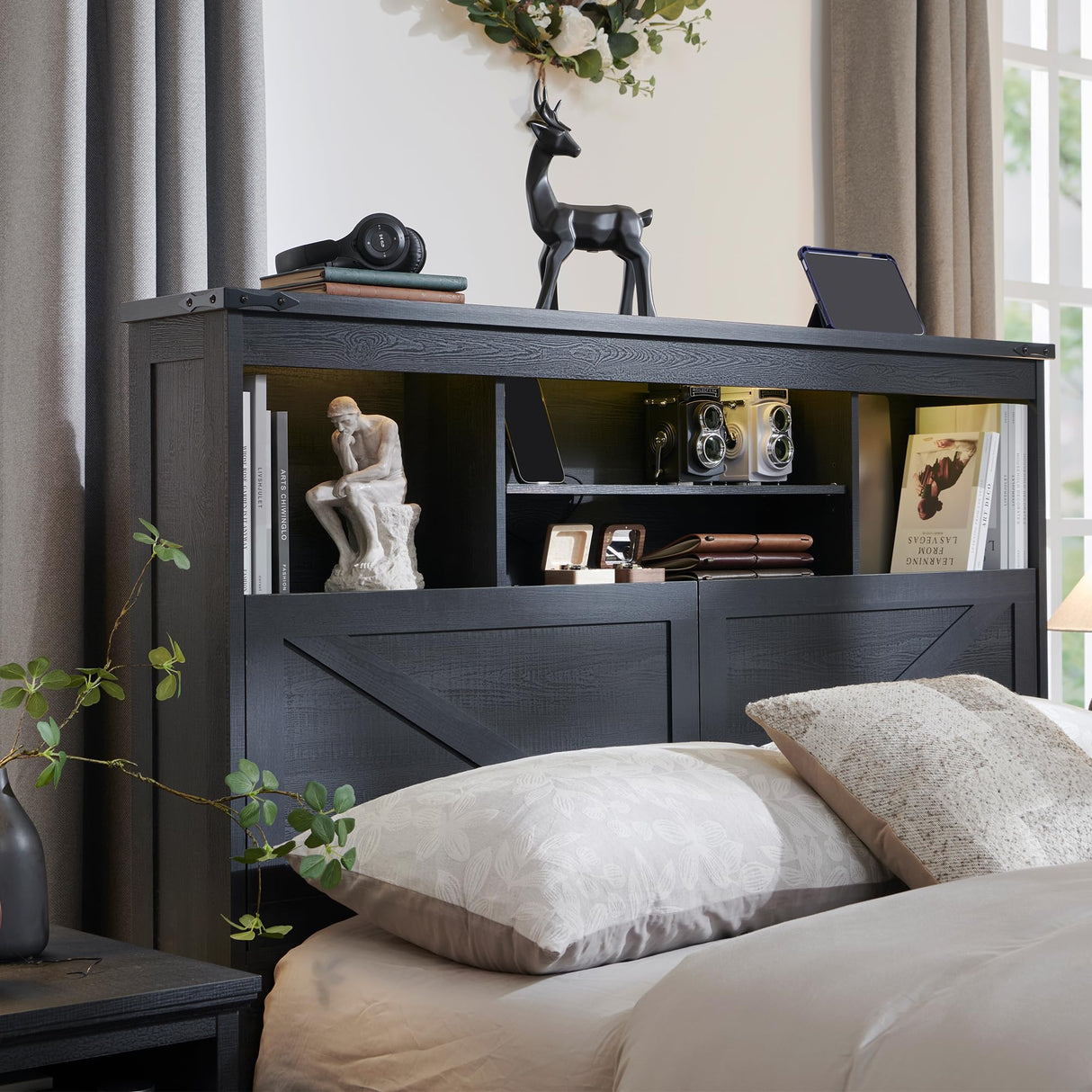 ACCOHOHO Farmhouse King Size Wood Bed Frame with 52" Tall Storage Headboard and 4 Drawers,LED Light,Charging Station,Solid Wood Slats Support,Noiseless,No Box Spring Needed,Black ACCOHOHO