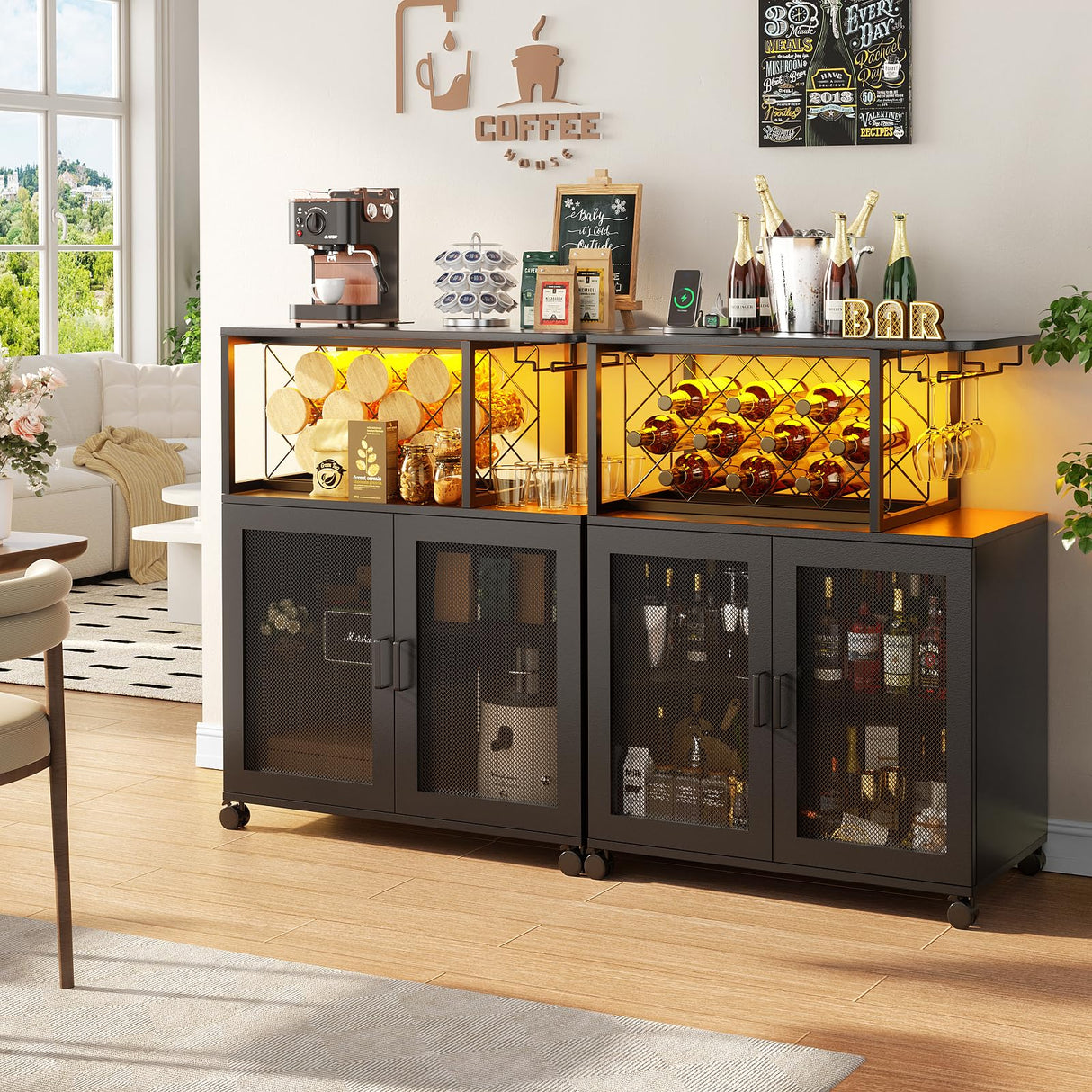 Girapow Small Bar Cart with Wheels, Liquor Cabinet with LED Light, Wine Bar Cabinet with Power Outlets, Home Mini Bar with Wine Rack, Glasses Storage for Kitchen, Dining Room, Living Room, Black Girapow
